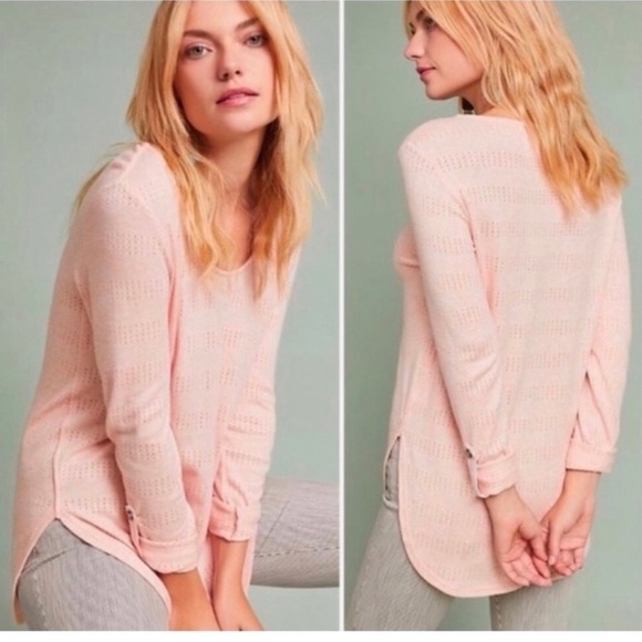 Anthropologie Akemi + Kin Sylvie Pointelle Tunic Top  Roll Tab Sleeve - Picture 1 of 9